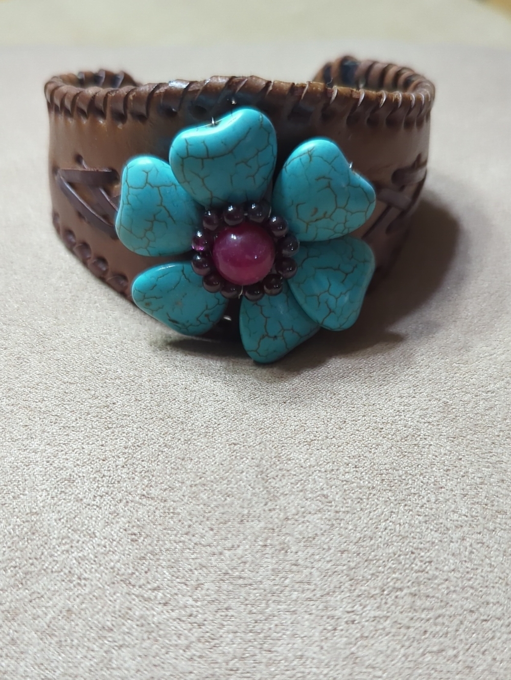 Turquoise Flower Leather Cuff Bracelet